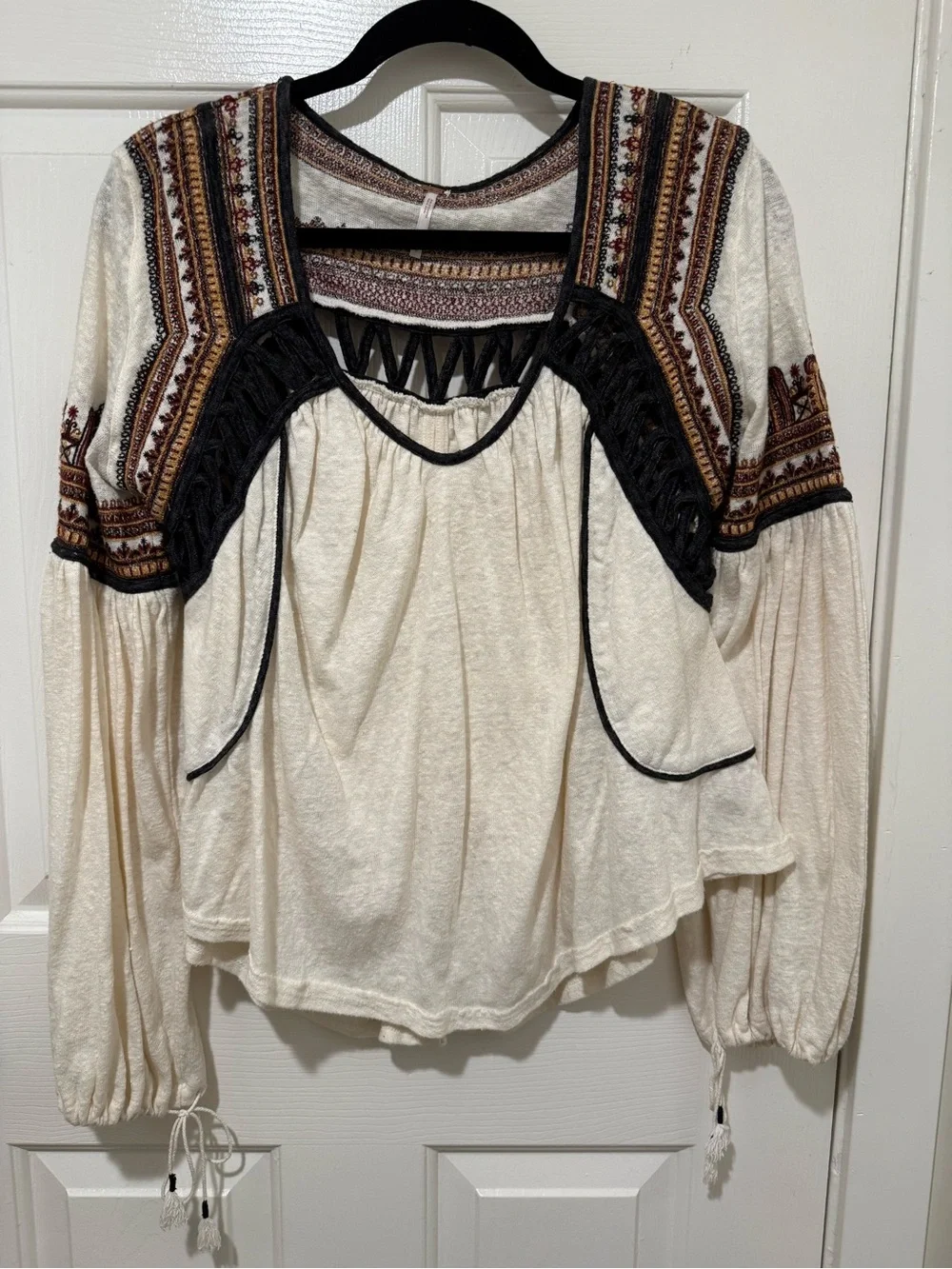 Free People Cream Snow Kisses - Boho Embroidered Tunic with Black Trim - Picture 4 of 16